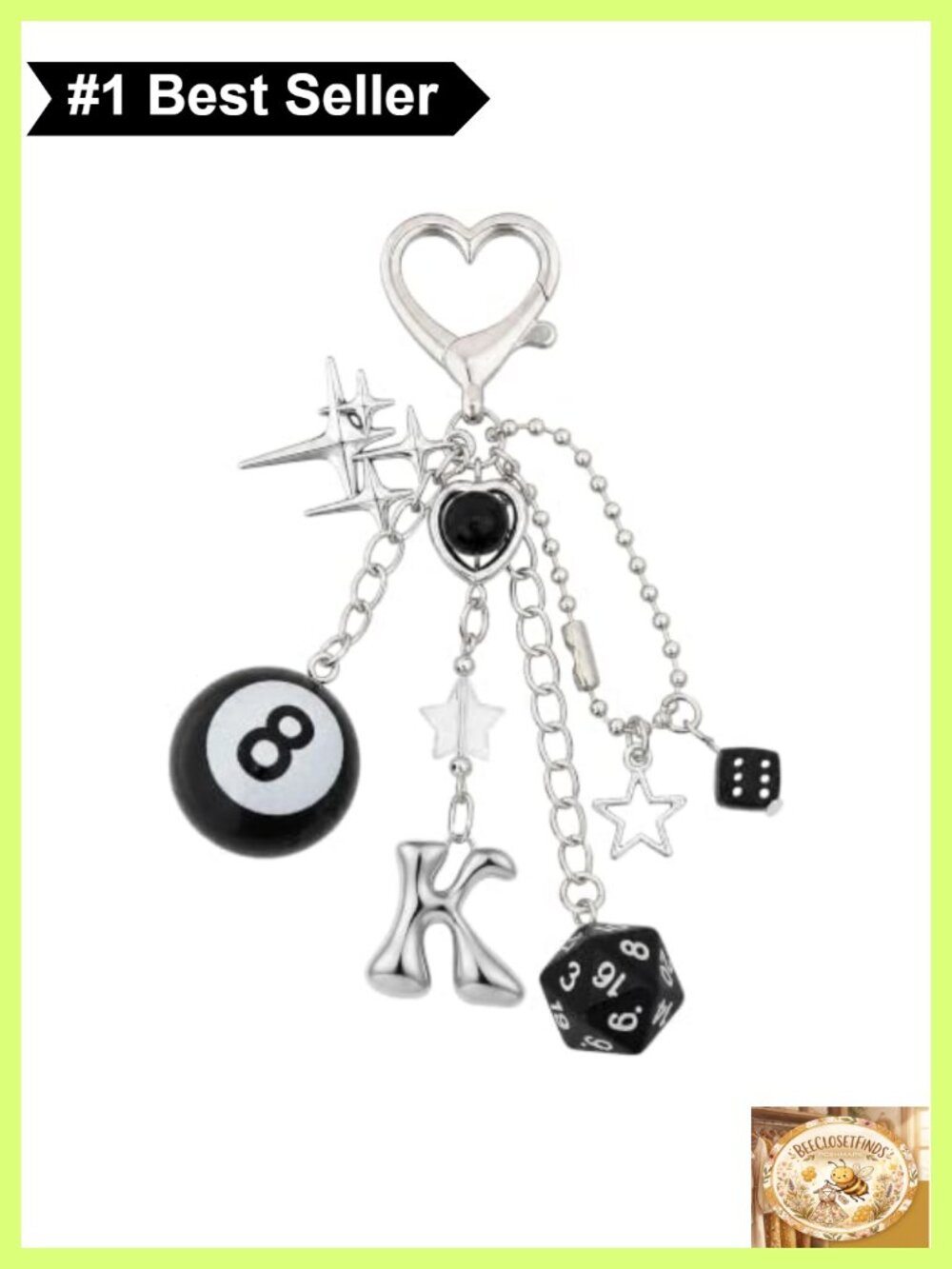 8 Ball Dice Initial K Keychain Bag Charm Alloy Y2K Purse Accessory